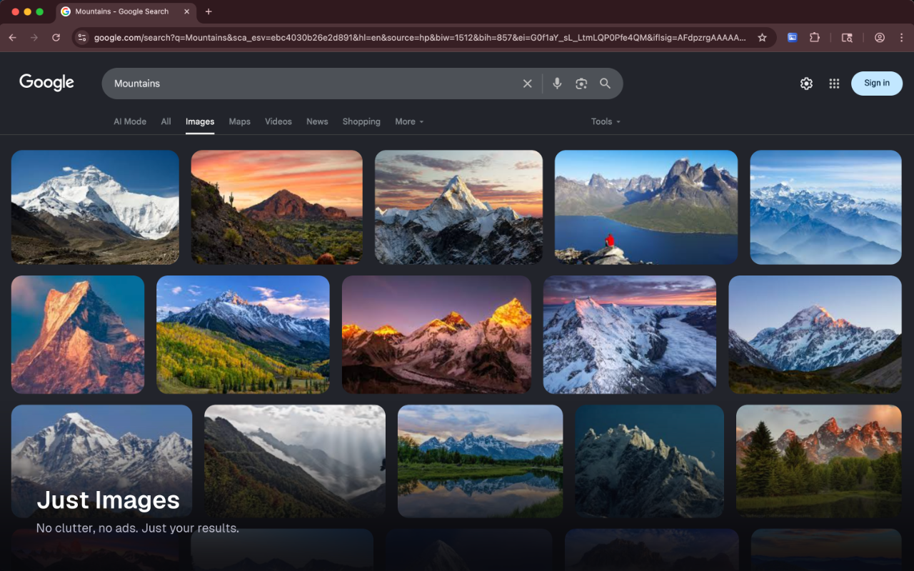 Glass for Google Images — a clean card grid of mountain photos replacing Google's default image results